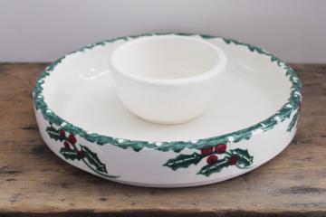 catalog photo of vintage spongeware stoneware Christmas holly chip & dip server, Crock Shop California studio pottery