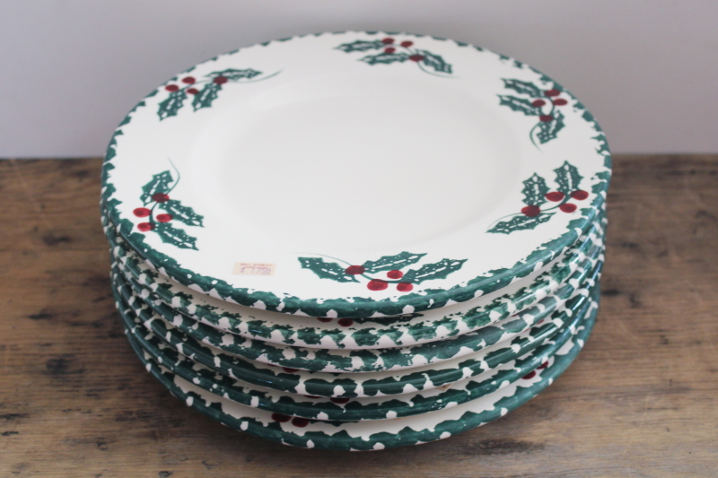 photo of vintage spongeware stoneware Christmas holly dinner plates, Crock Shop California studio pottery #5