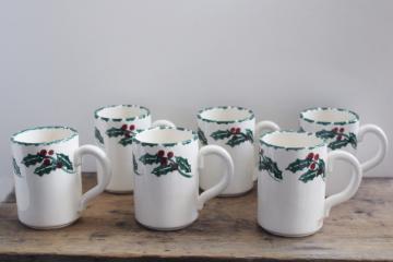 catalog photo of vintage spongeware stoneware Christmas holly mugs, Crock Shop California studio pottery