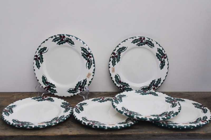 photo of vintage spongeware stoneware Christmas holly salad plates, Crock Shop California studio pottery #1