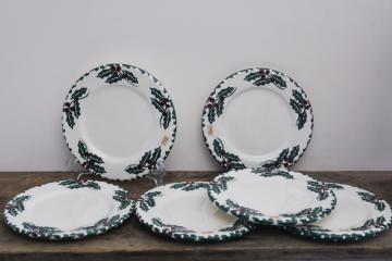 catalog photo of vintage spongeware stoneware Christmas holly salad plates, Crock Shop California studio pottery