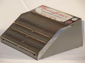 catalog photo of vintage spool thread cabinet, zinc metal store display w/ sign & tray drawers