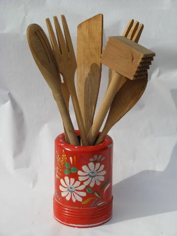 photo of vintage spoon holder, old Ransburg hand-painted toleware kitchen canister #1