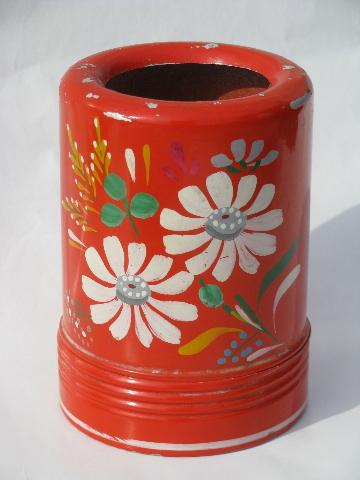 photo of vintage spoon holder, old Ransburg hand-painted toleware kitchen canister #2