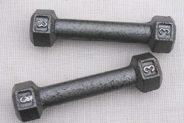 photo of vintage sporting equipment, body building weight lifting weights, 3 lb & 5 lb dumbbells #2