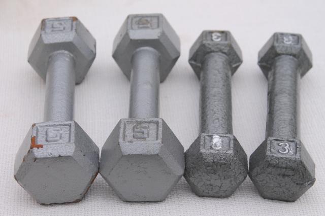 photo of vintage sporting equipment, body building weight lifting weights, 3 lb & 5 lb dumbbells #6