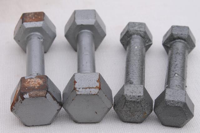 photo of vintage sporting equipment, body building weight lifting weights, 3 lb & 5 lb dumbbells #7