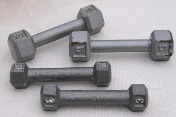 catalog photo of vintage sporting equipment, body building weight lifting weights, 3 lb & 5 lb dumbbells