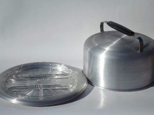 photo of vintage spun aluminum cake keeper dome cover and plate w/ glass salad tray #1