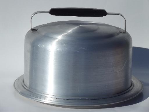 photo of vintage spun aluminum cake keeper dome cover and plate w/ glass salad tray #2