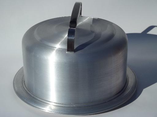 photo of vintage spun aluminum cake keeper dome cover and plate w/ glass salad tray #6