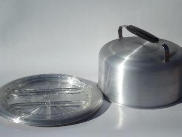 catalog photo of vintage spun aluminum cake keeper dome cover and plate w/ glass salad tray