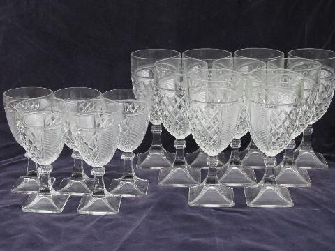 photo of vintage square foot waffle pressed pattern glass water & wine glasses, 14 goblets #1