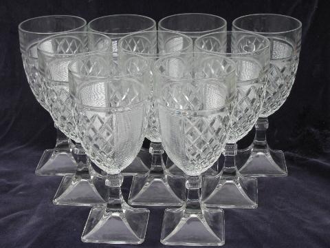 photo of vintage square foot waffle pressed pattern glass water & wine glasses, 14 goblets #2