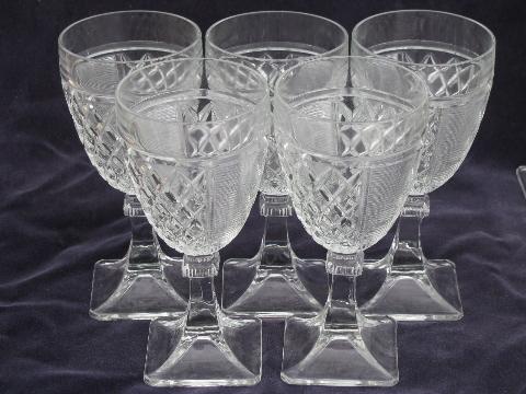 photo of vintage square foot waffle pressed pattern glass water & wine glasses, 14 goblets #3