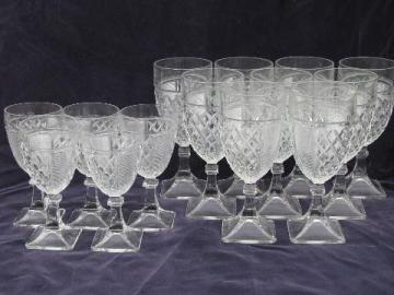 catalog photo of vintage square foot waffle pressed pattern glass water & wine glasses, 14 goblets