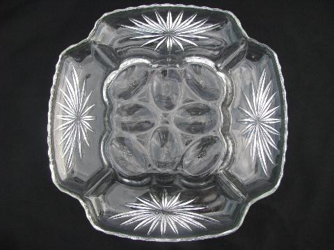 photo of vintage square press-cut pattern glass egg plate, divided tray for deviled eggs #1