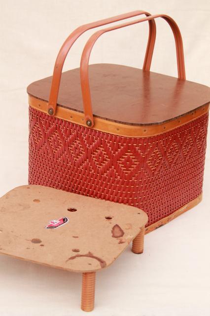 photo of vintage square shape red wicker picnic basket w/ insert shelf, Red-Man label #5
