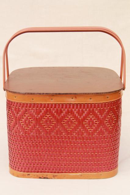 photo of vintage square shape red wicker picnic basket w/ insert shelf, Red-Man label #6