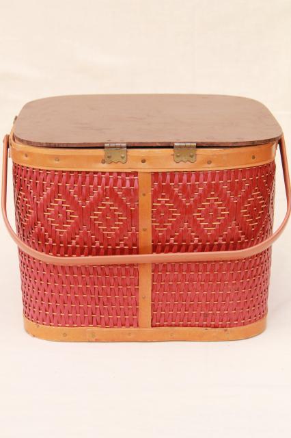 photo of vintage square shape red wicker picnic basket w/ insert shelf, Red-Man label #8