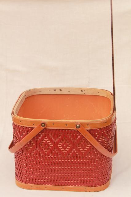 photo of vintage square shape red wicker picnic basket w/ insert shelf, Red-Man label #10