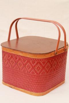 catalog photo of vintage square shape red wicker picnic basket w/ insert shelf, Red-Man label