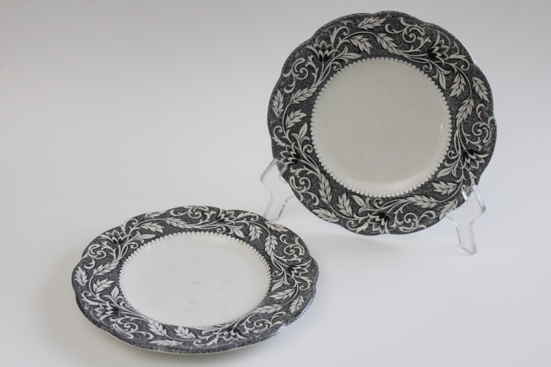 photo of vintage stained crazing black transferware English Staffordshire plates Renaissance pattern  #1