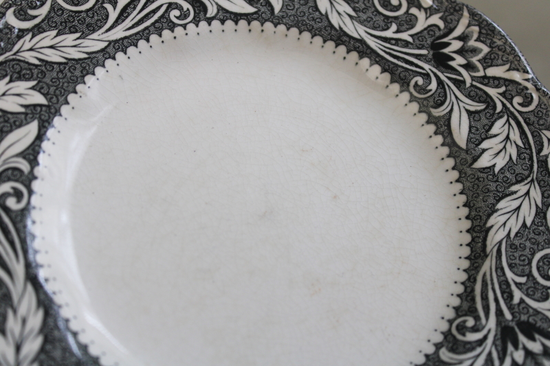 photo of vintage stained crazing black transferware English Staffordshire plates Renaissance pattern  #2