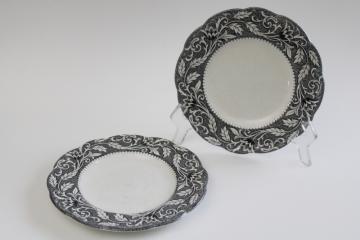 vintage stained crazing black transferware English Staffordshire plates Renaissance pattern 