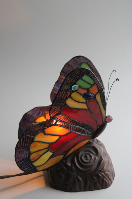 photo of vintage stained glass butterfly lamp or night light, leaded glass rainbow color wings #1