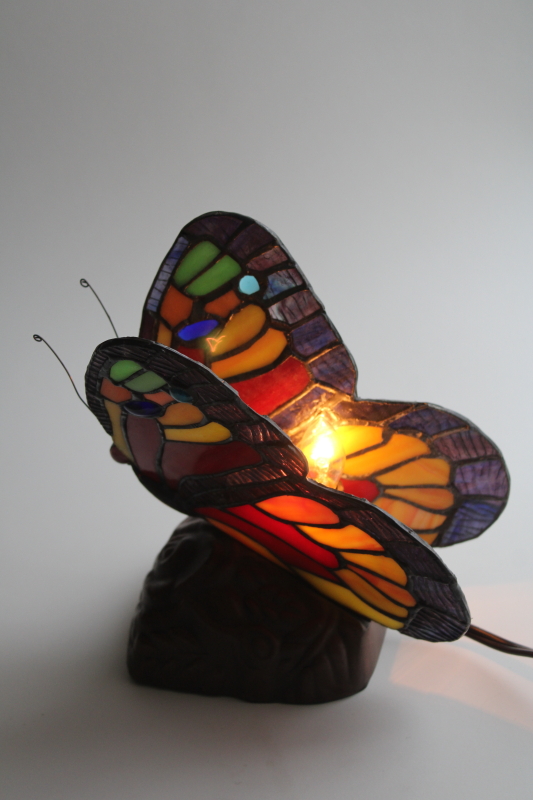 photo of vintage stained glass butterfly lamp or night light, leaded glass rainbow color wings #2
