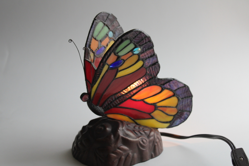 photo of vintage stained glass butterfly lamp or night light, leaded glass rainbow color wings #3