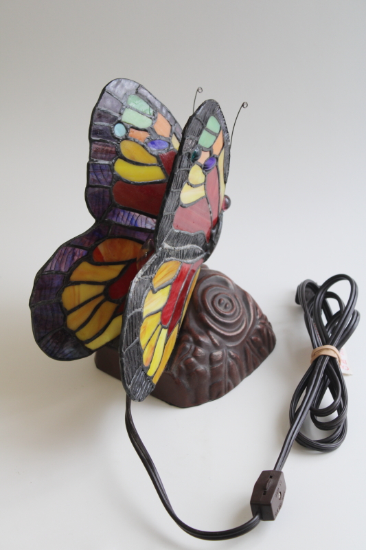 photo of vintage stained glass butterfly lamp or night light, leaded glass rainbow color wings #4