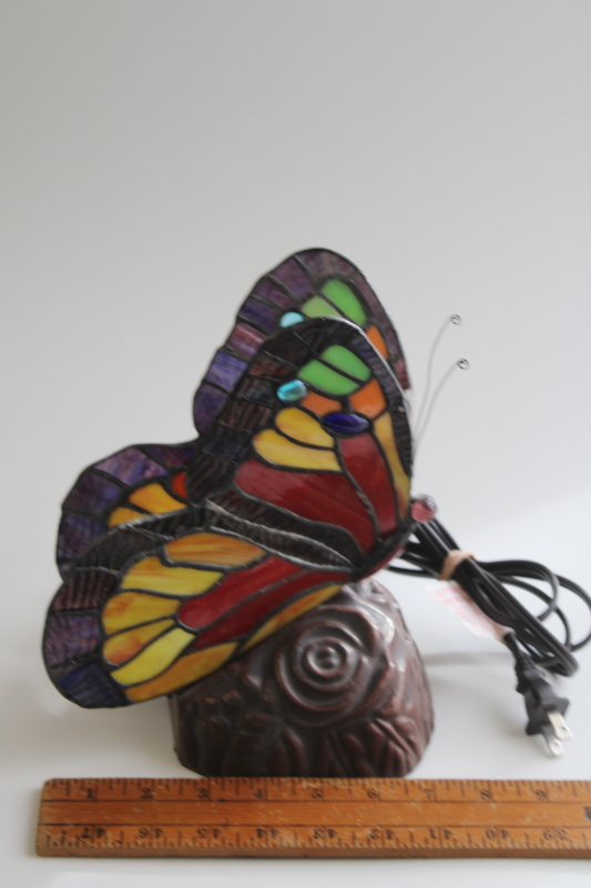 photo of vintage stained glass butterfly lamp or night light, leaded glass rainbow color wings #8