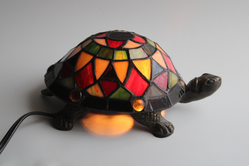 photo of vintage stained glass turtle lamp, bronze look cast metal w/ Tiffany style leaded glass shade #1