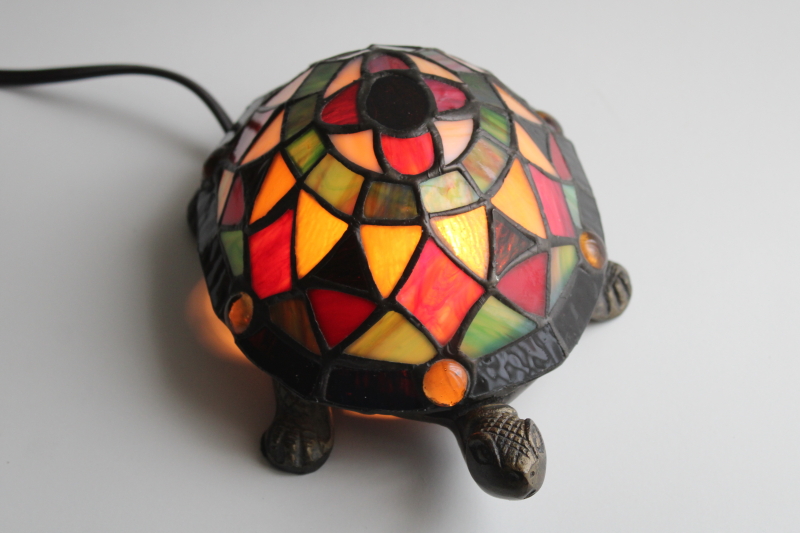 photo of vintage stained glass turtle lamp, bronze look cast metal w/ Tiffany style leaded glass shade #2