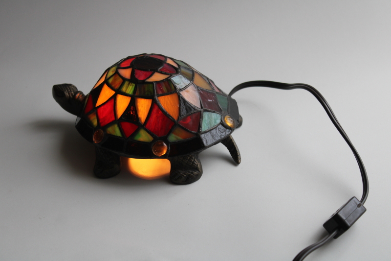 photo of vintage stained glass turtle lamp, bronze look cast metal w/ Tiffany style leaded glass shade #3