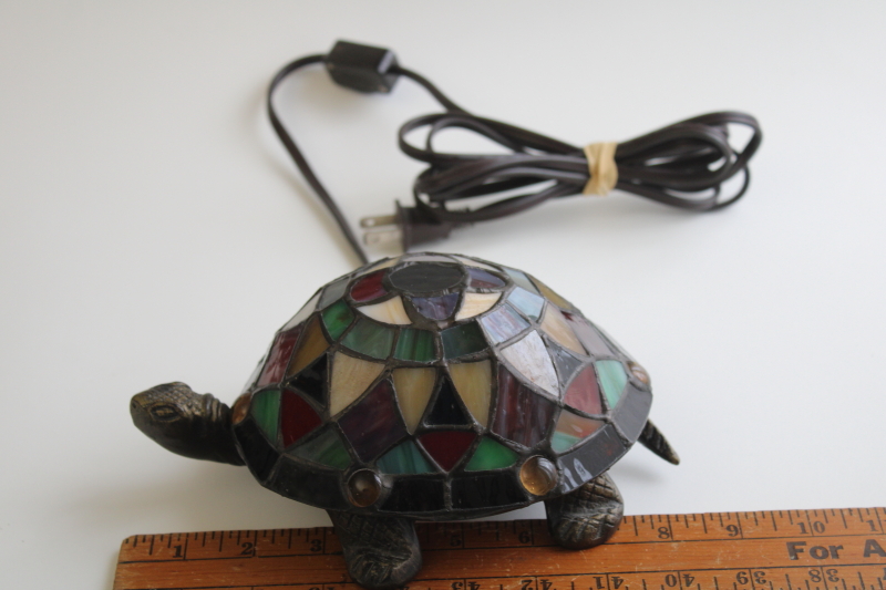photo of vintage stained glass turtle lamp, bronze look cast metal w/ Tiffany style leaded glass shade #9
