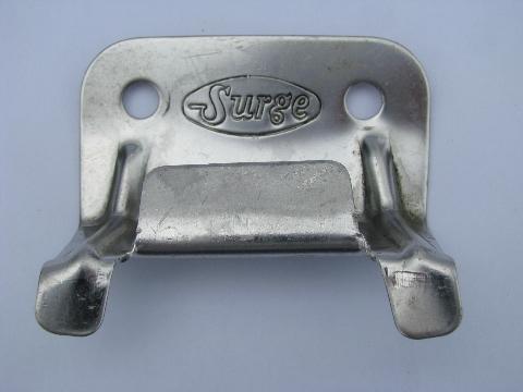 photo of vintage stainless steel milk house milking machine racks, old Surge logo dairy advertising #2