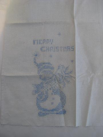 photo of vintage stamped linen guest towels to embroider, Christmas snowmen #2