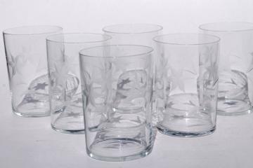 catalog photo of vintage star flower wheel cut etched glass tumblers, old fashioned drinking glasses set of 6 