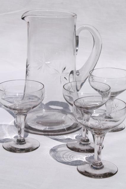 photo of vintage star pattern glass cocktail set, pitcher & glasses w/ etched cut glass stars #1