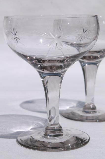 photo of vintage star pattern glass cocktail set, pitcher & glasses w/ etched cut glass stars #3