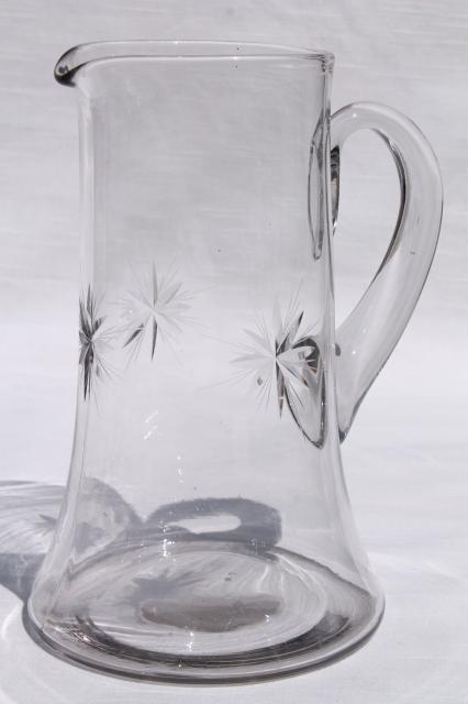 photo of vintage star pattern glass cocktail set, pitcher & glasses w/ etched cut glass stars #7