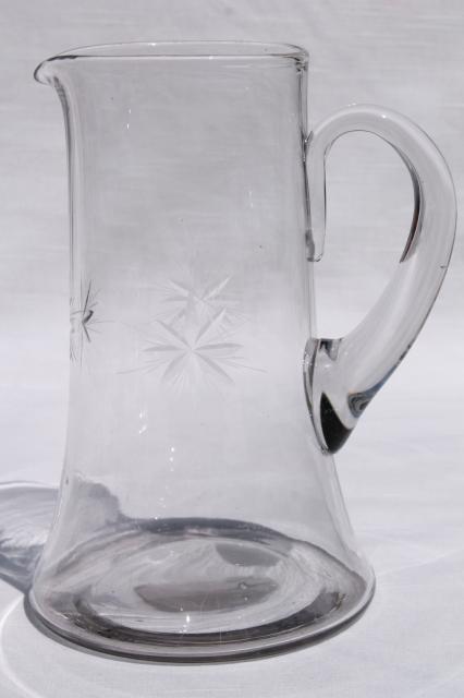 photo of vintage star pattern glass cocktail set, pitcher & glasses w/ etched cut glass stars #8