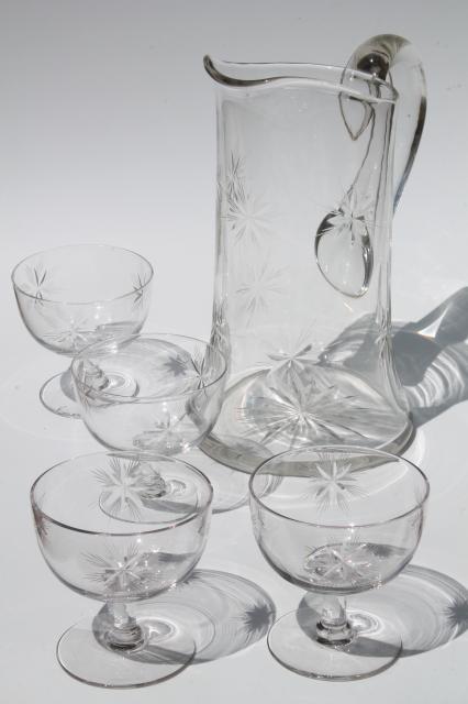 photo of vintage star pattern glass cocktail set, pitcher & glasses w/ etched cut glass stars #1