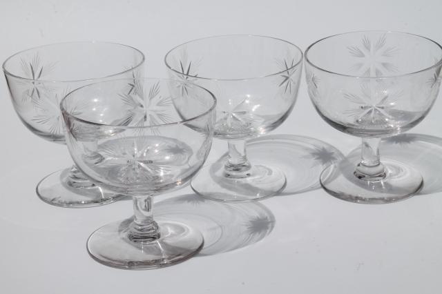photo of vintage star pattern glass cocktail set, pitcher & glasses w/ etched cut glass stars #5
