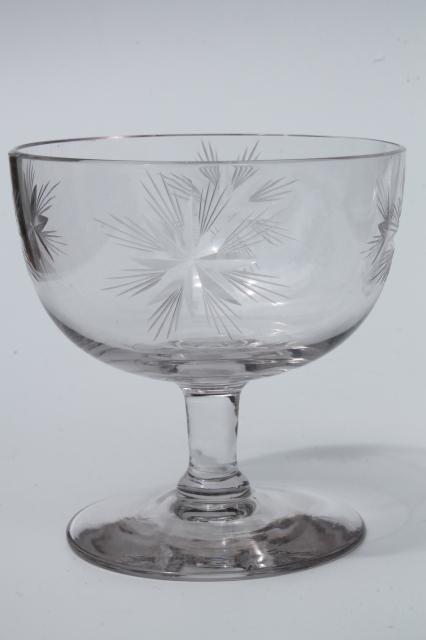 photo of vintage star pattern glass cocktail set, pitcher & glasses w/ etched cut glass stars #6