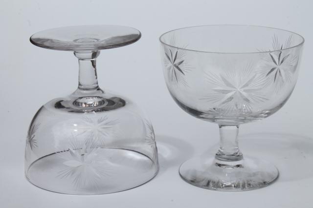 photo of vintage star pattern glass cocktail set, pitcher & glasses w/ etched cut glass stars #9