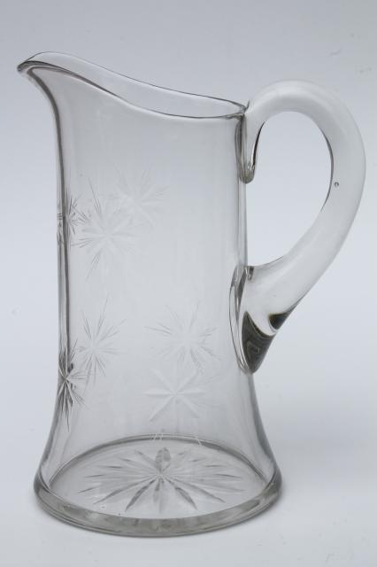 photo of vintage star pattern glass cocktail set, pitcher & glasses w/ etched cut glass stars #10